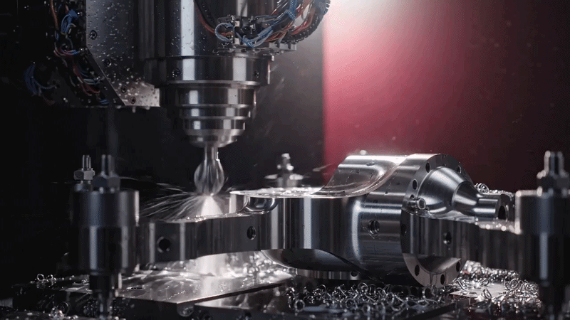 CNC head cutting a precision drone component during 5-axis milling