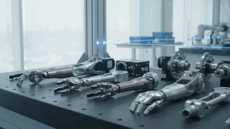 Precision robotic components arranged after CNC turning and inspection