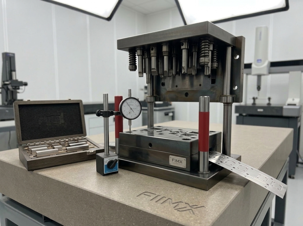 Stamping die set on a tooling workbench